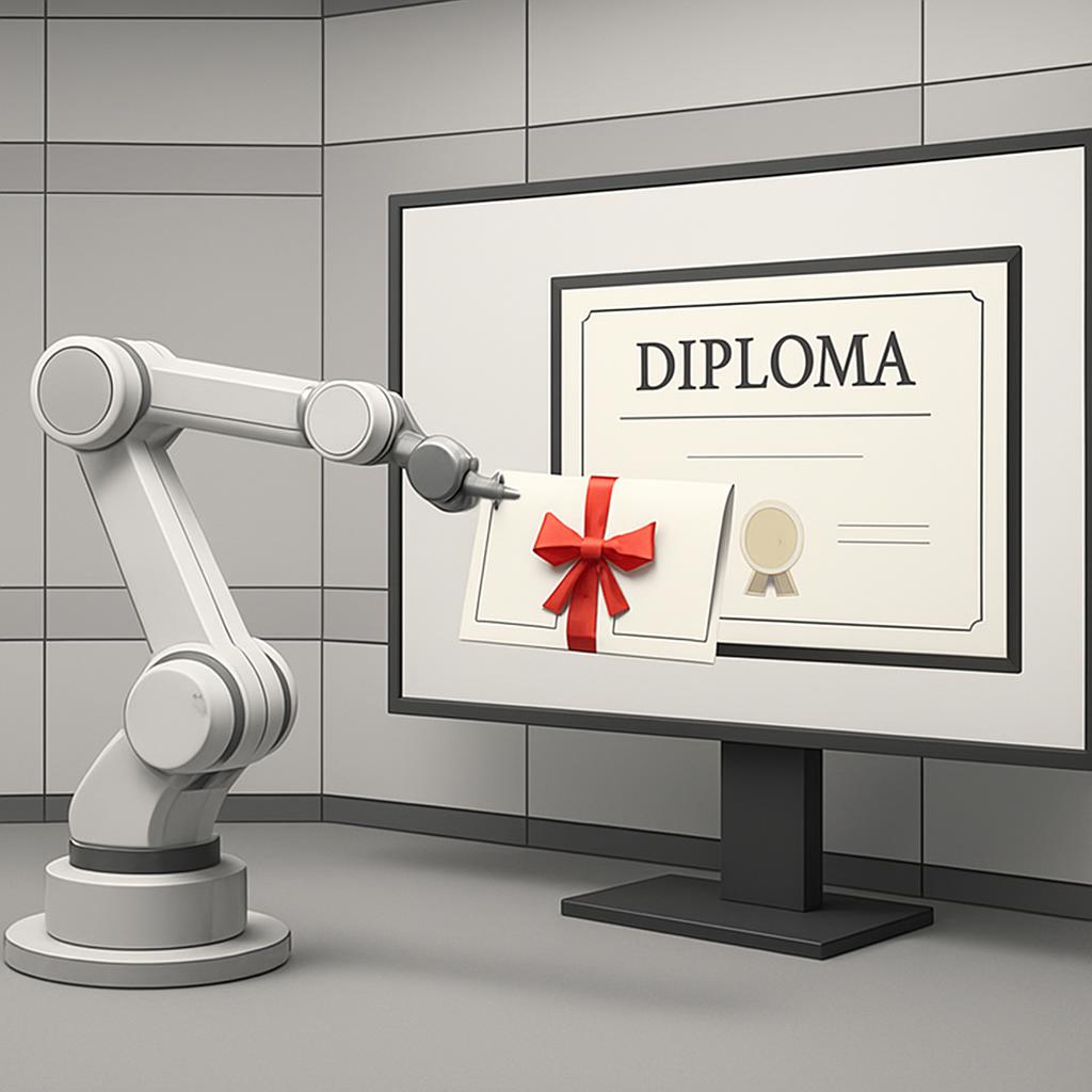 Robot arm presenting a diploma to a screen. Robots have on the job training, so it makes sense to grant them awards.